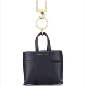 Tory Burch T mini Block leather tote bag Keychain Navy Blue NWT